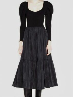 Tanya Taylor Black Puff Sleeve Midi Dress w/ Sweater Top & Taffeta Skirt